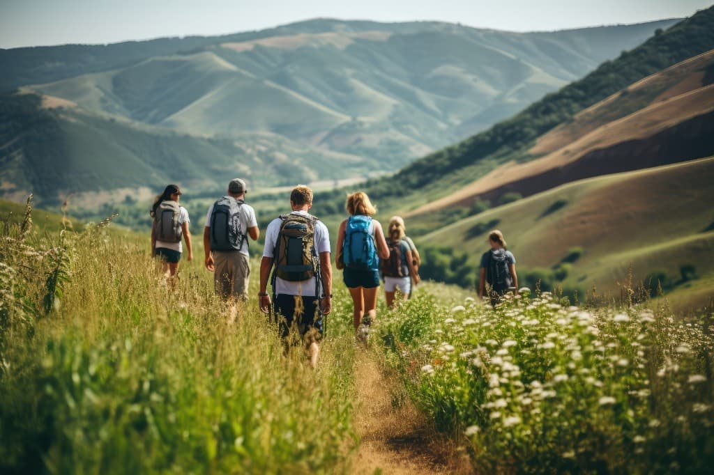 Un gruppo cammina tra le colline umbre.